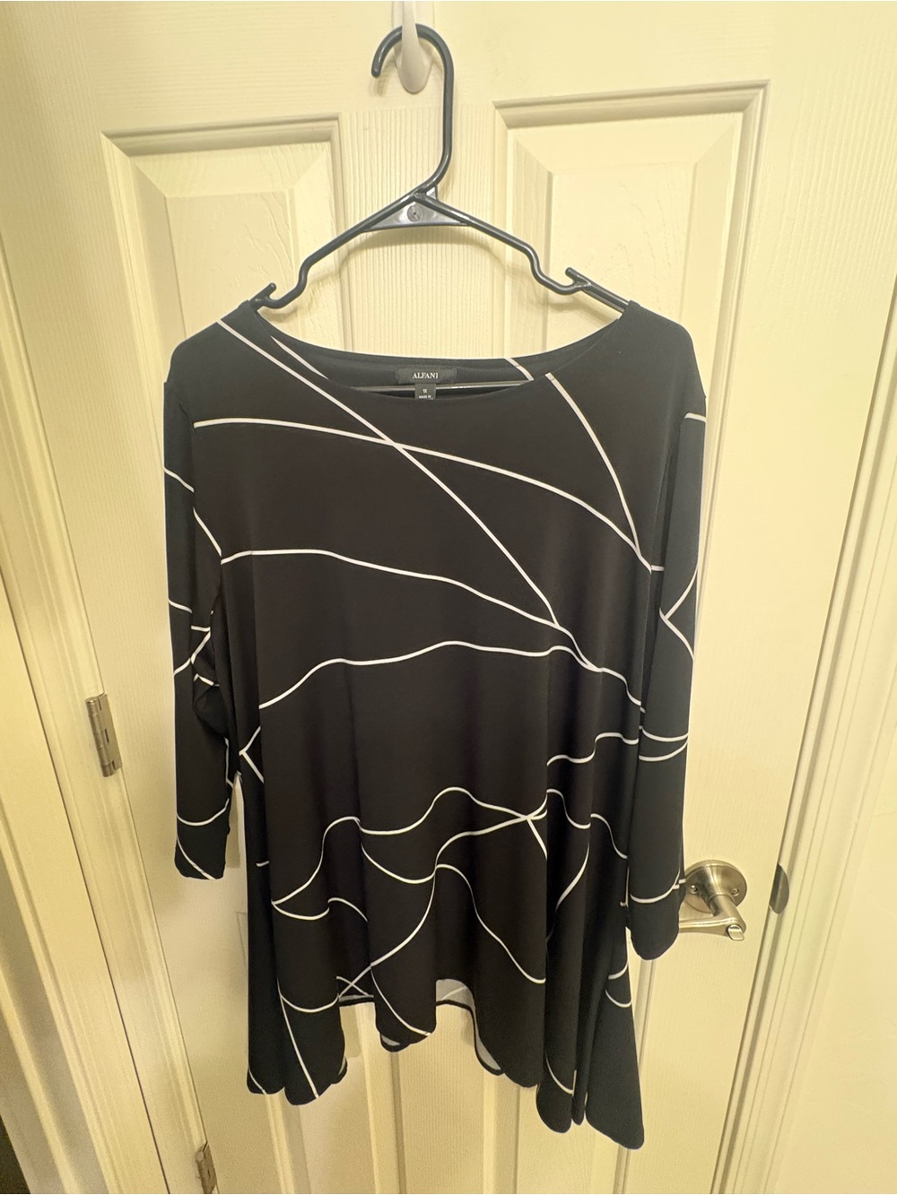 Alfani Black top with White Linear Print — Long Sleeve Swing